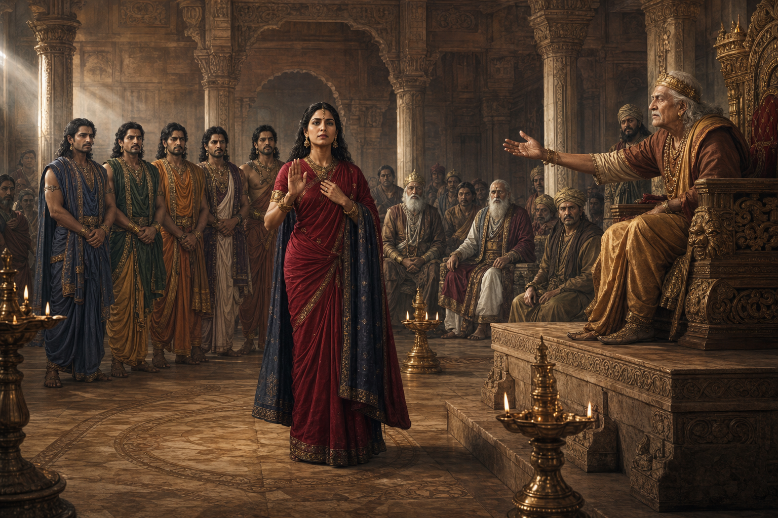 Draupadi stands before Dhritarashtra in the Kuru assembly and raises a calm hand of refusal as the freed Pandava brothers and silent elders look on.