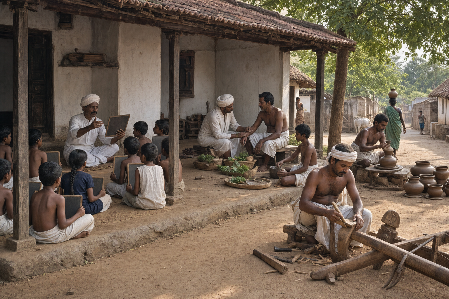 A village teacher instructs children while a healer treats a patient and craft workers repair tools and make pottery nearby.