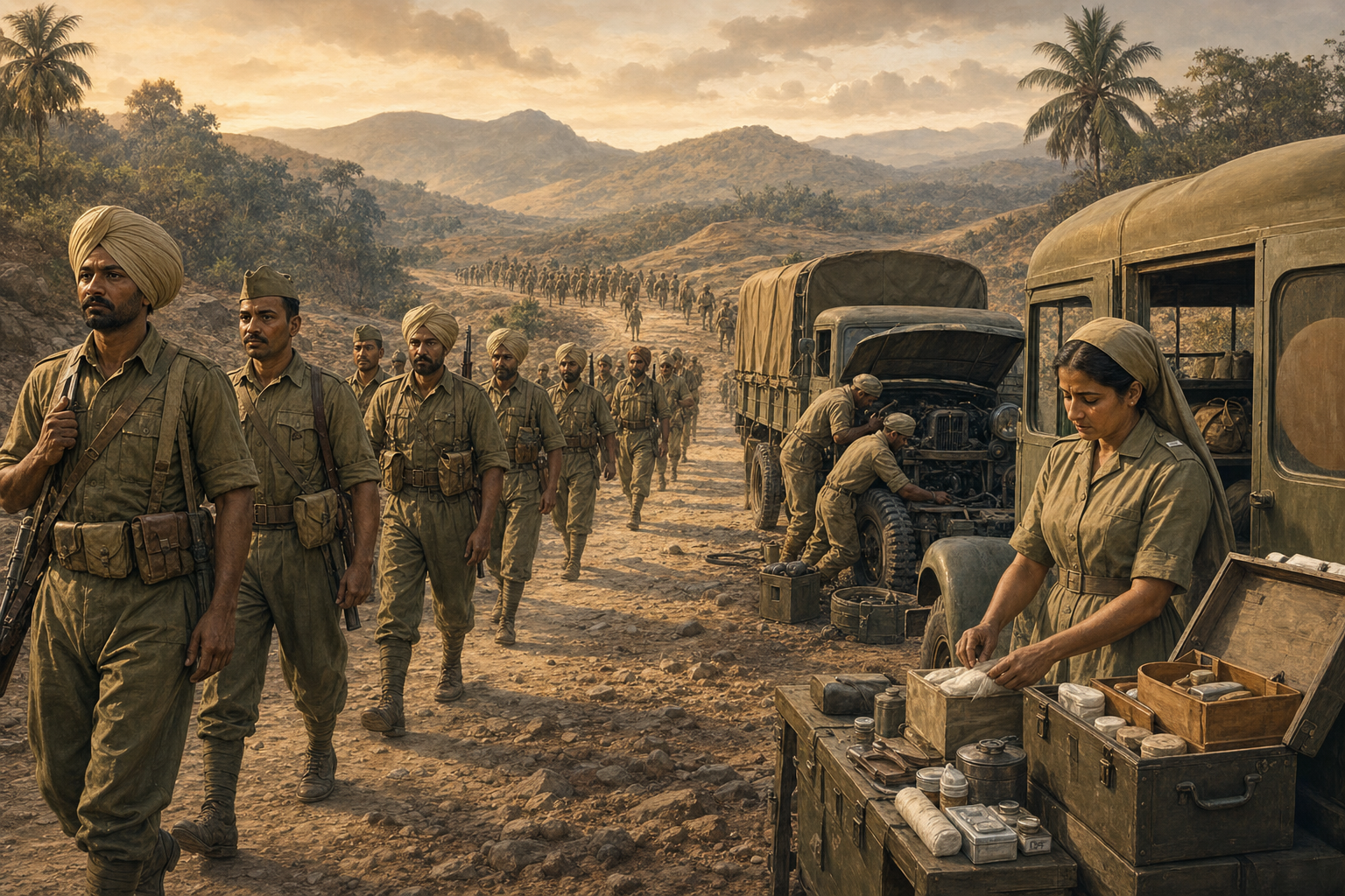 Indian soldiers, a military nurse, mechanics, and transport vehicles move along a rugged supply road during World War II.