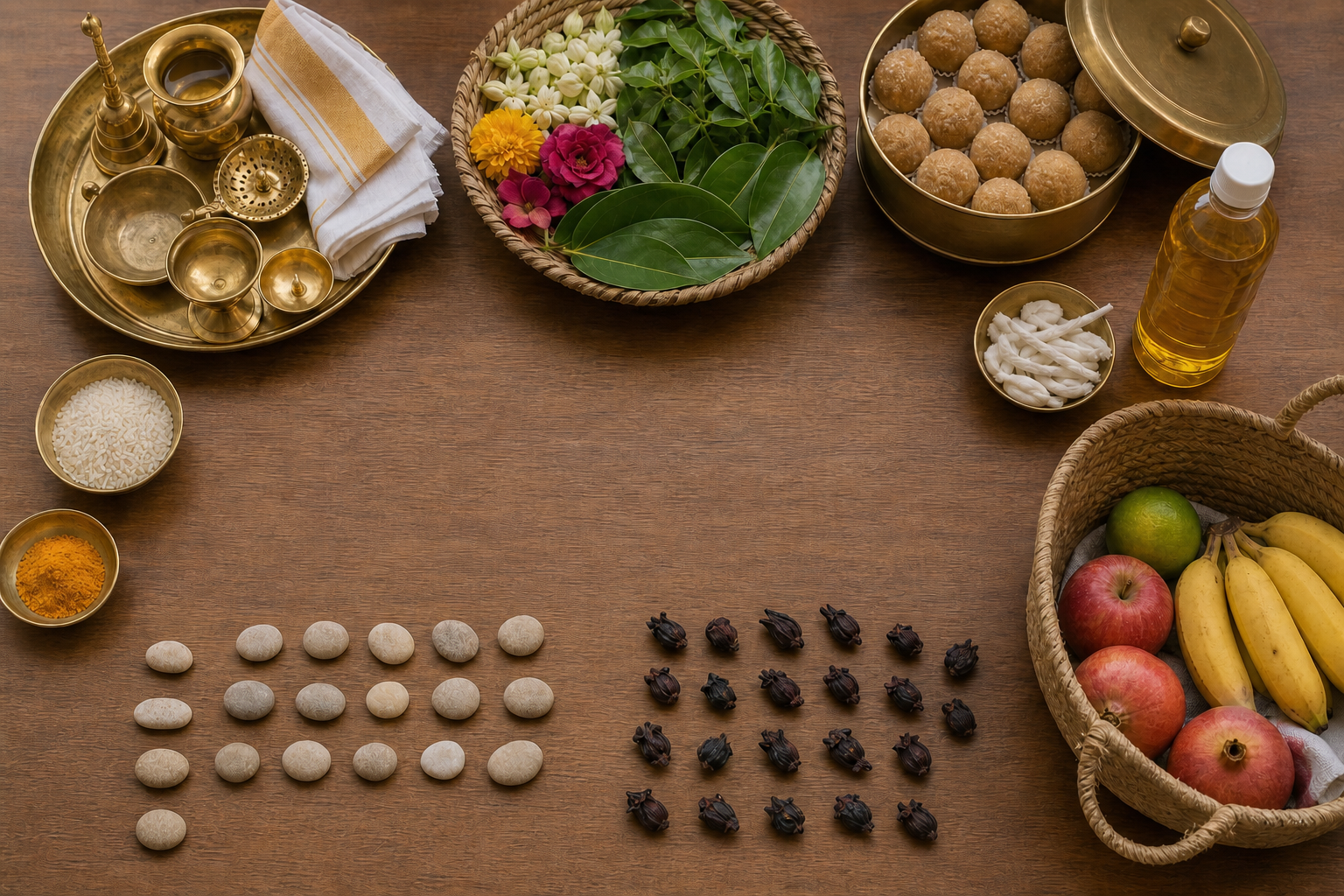 Puja vessels, flowers, leaves, sweets, fruit, rice, turmeric, cotton wicks, oil, and folded cloth are organized on a household preparation table.