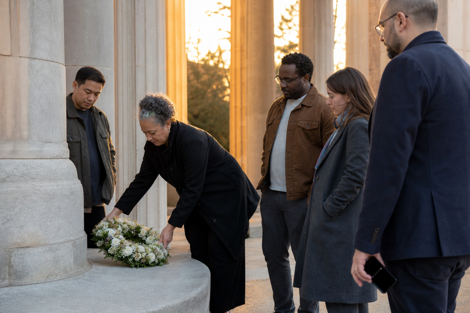 A diverse group listens to one another beside a stone war memorial as one person places a floral wreath.