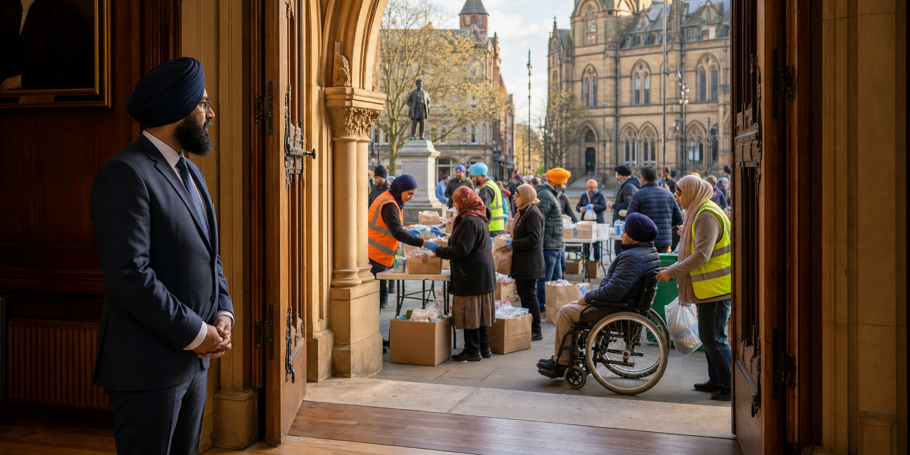 A Sikh community organizer stands in a historic civic hall while volunteers and public-service partners assist residents in the square outside.