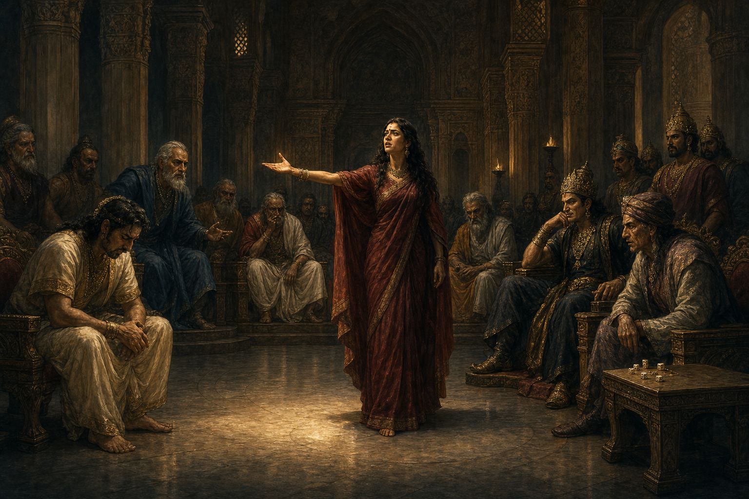 Draupadi questions the seated Kuru elders while Yudhishthira looks down and dice lie near Shakuni in the shadowed royal hall.