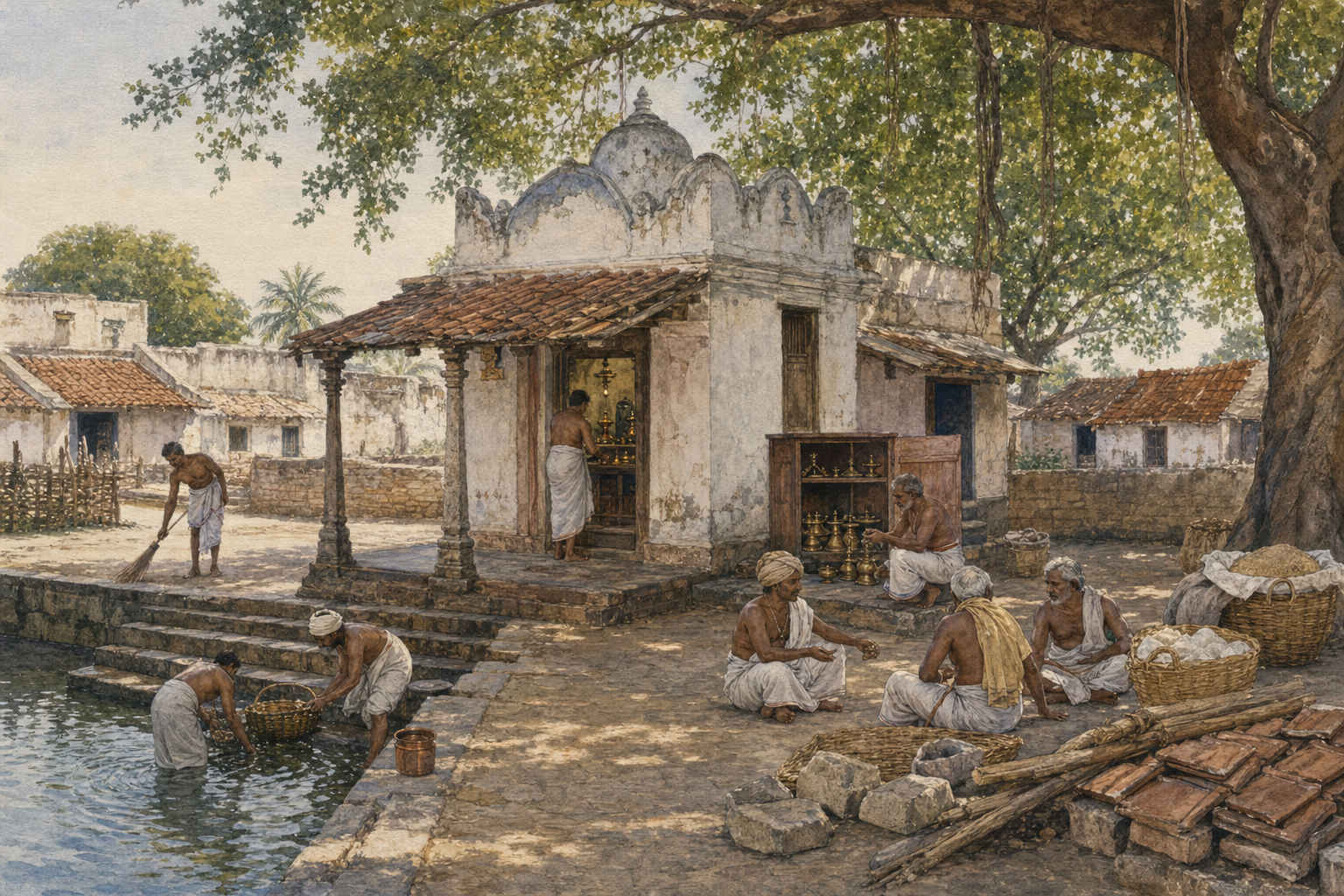 Residents maintain a modest village temple courtyard while a priest, caretaker, and elders attend to ritual supplies and communal contributions.