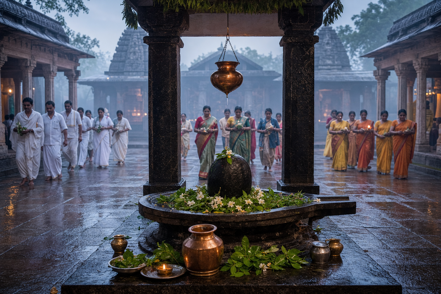 Devotees approach a rain-washed Shiva temple shrine with bilva leaves, copper vessels and oil lamps during the monsoon.