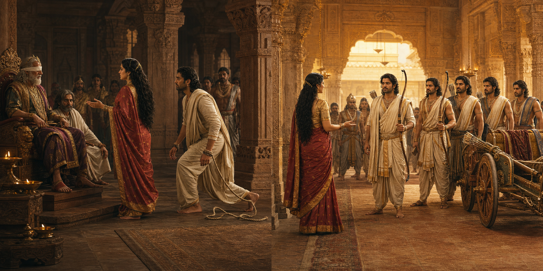 A sequential court scene shows Yudhishthira released first and his four brothers restored with their weapons and chariot equipment through Draupadi's two requests.