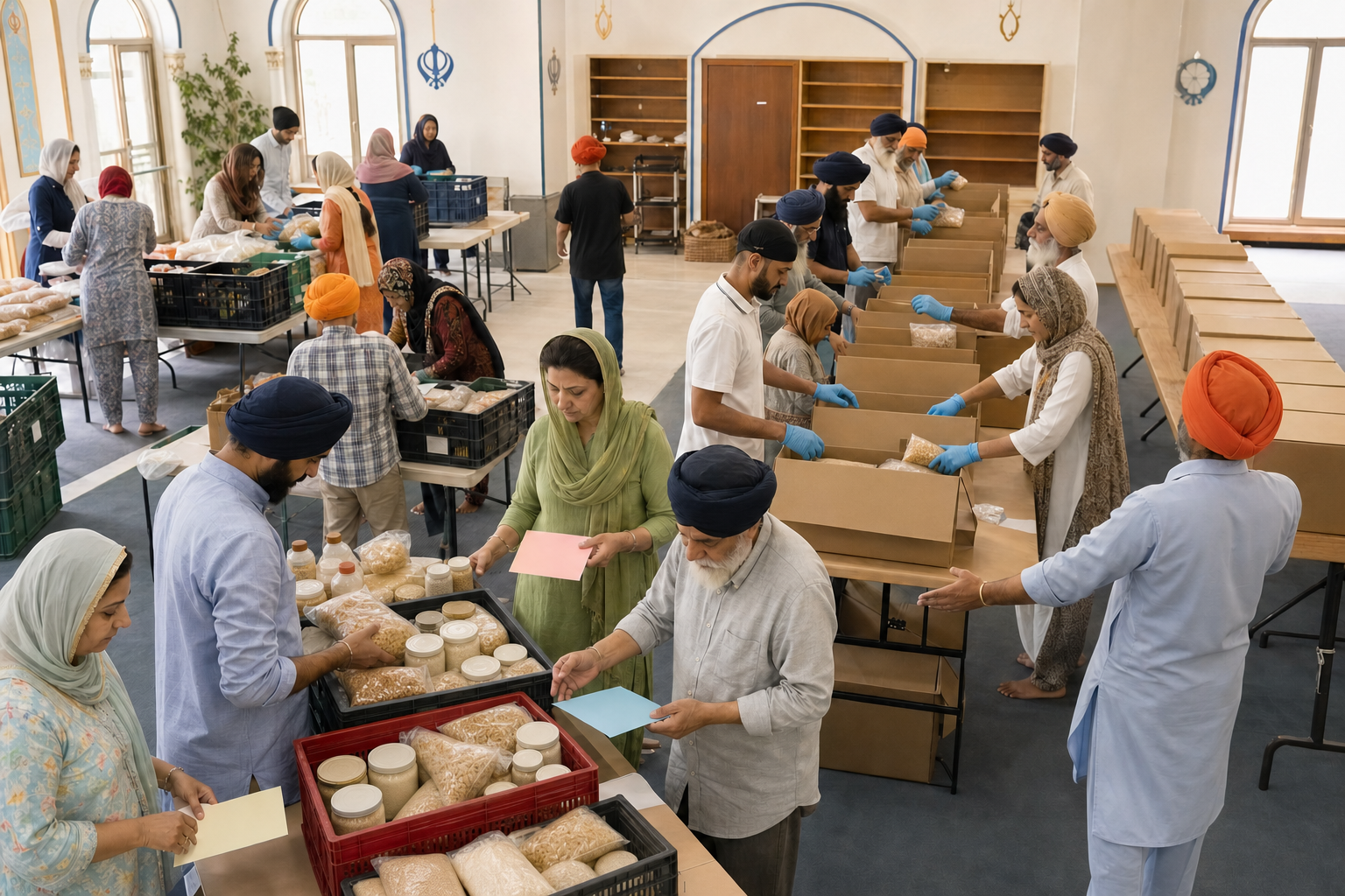 Volunteers in a gurdwara community hall sort supplies, pack boxes and coordinate an organized service workflow.