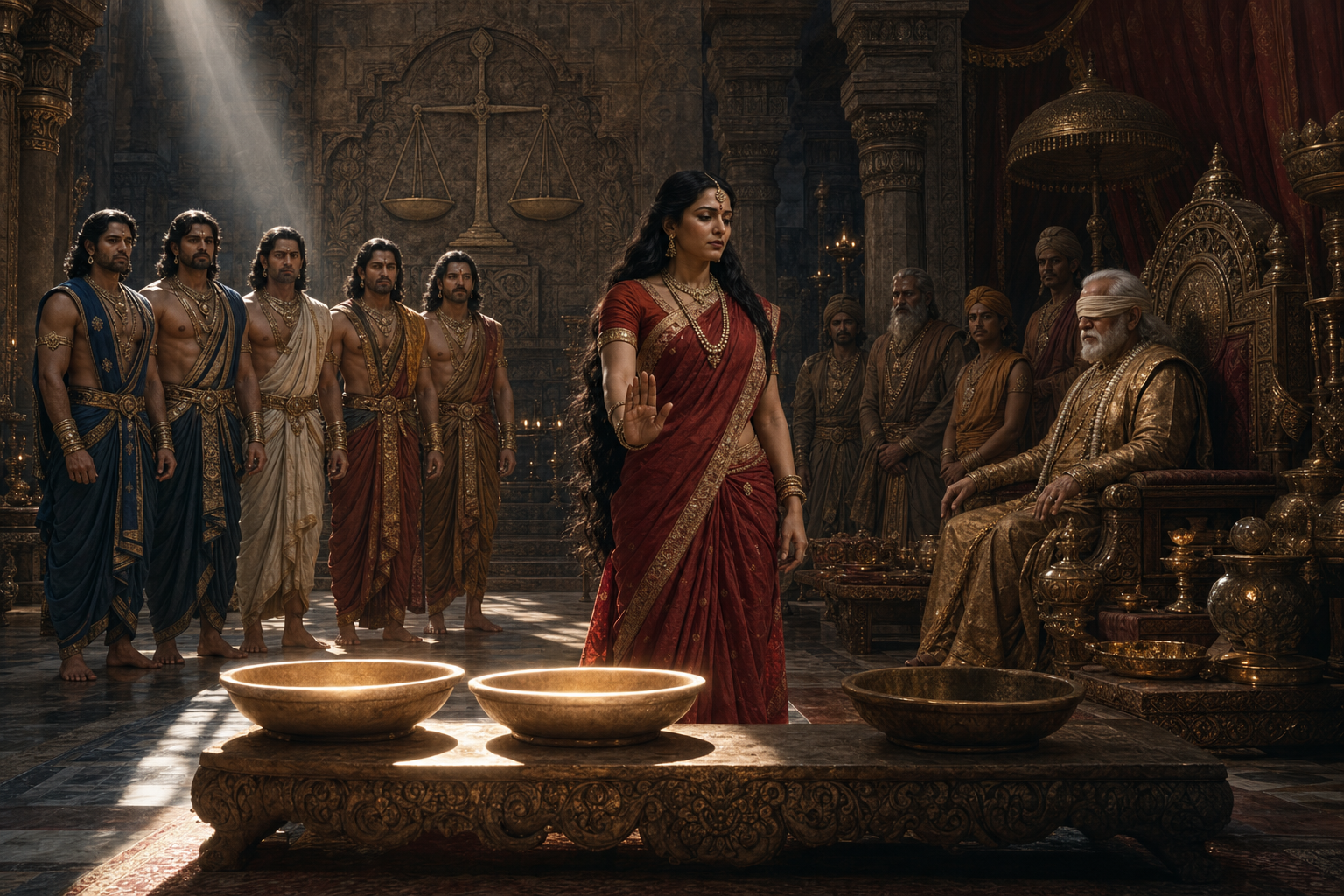 Draupadi declines a third ceremonial offering in the Kuru hall while the five freed Pandava brothers stand behind her and two earlier offering bowls sit empty.