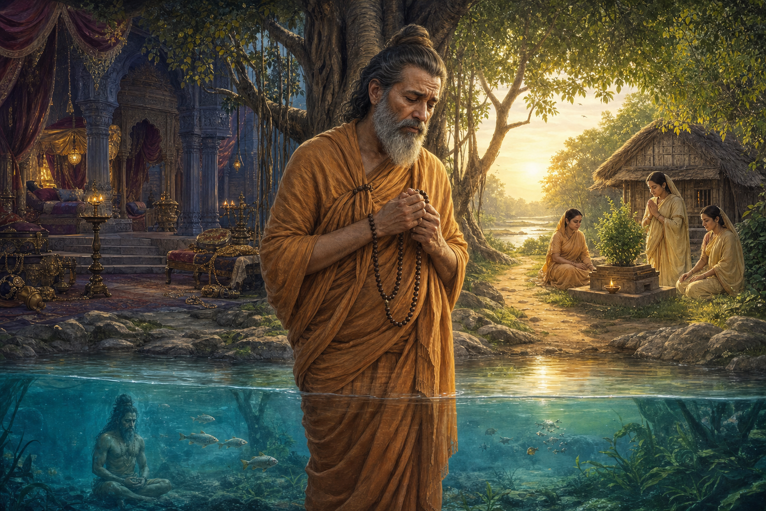 Shaubhari Muni stands beside the Yamuna at dawn between a shadowed royal residence and a forest hermitage where his wives gather in simple devotional clothing.
