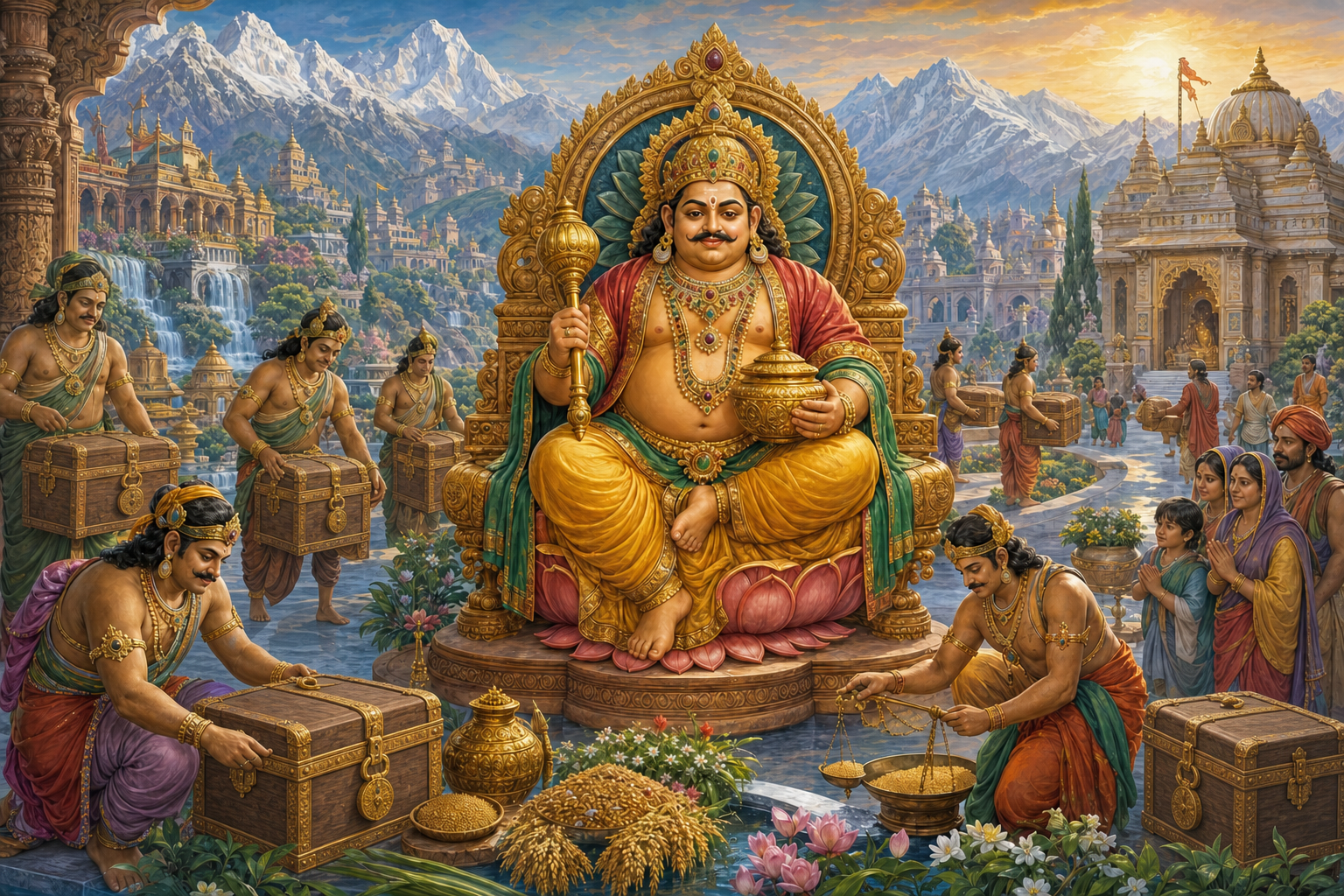 Kubera sits on a lotus-supported throne in the mountain city of Alaka while yaksha attendants guard treasure, measure grain, and carry resources toward the community.