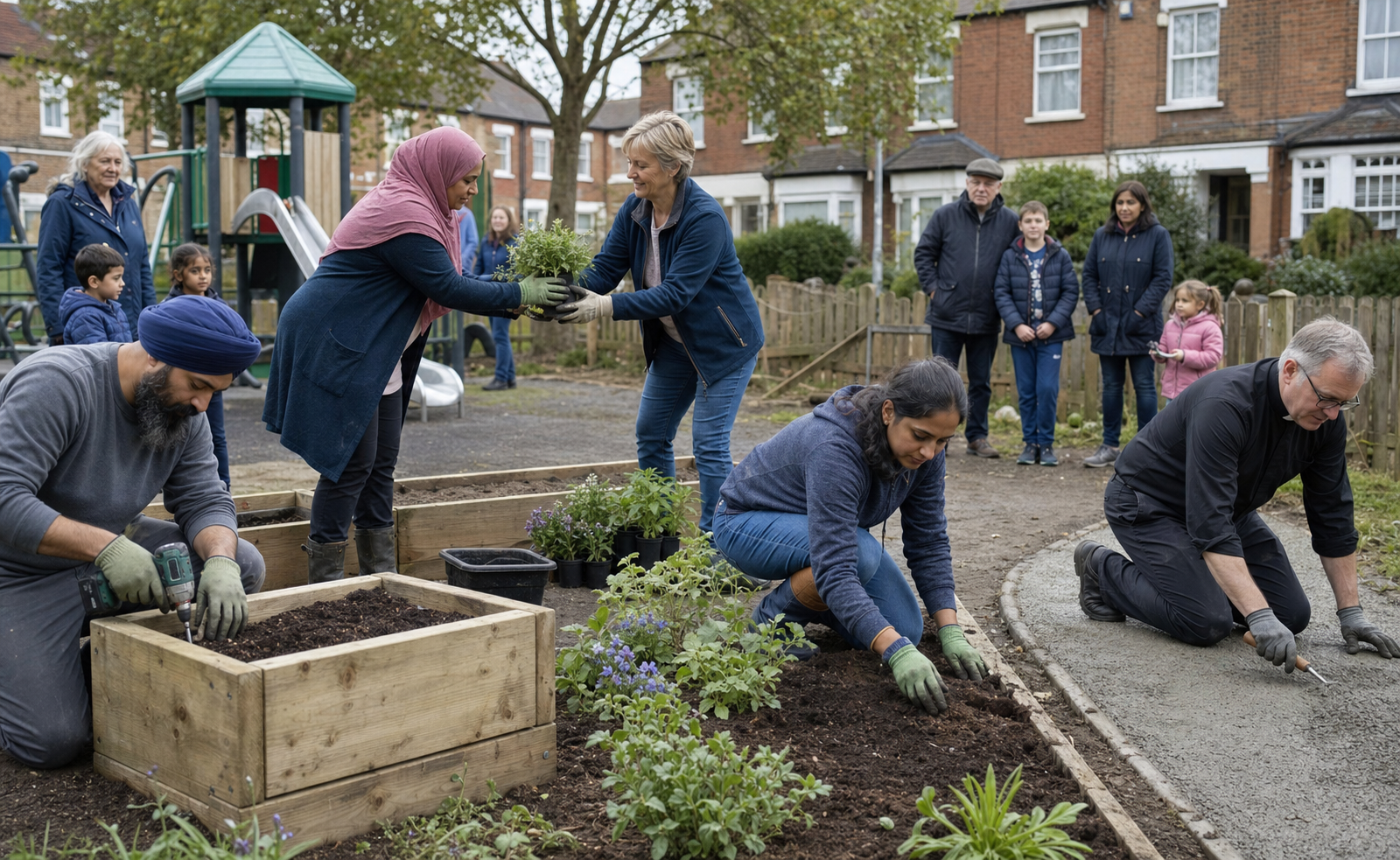 Volunteers from several faith communities repair an accessible path and build planters beside a neighborhood playground.