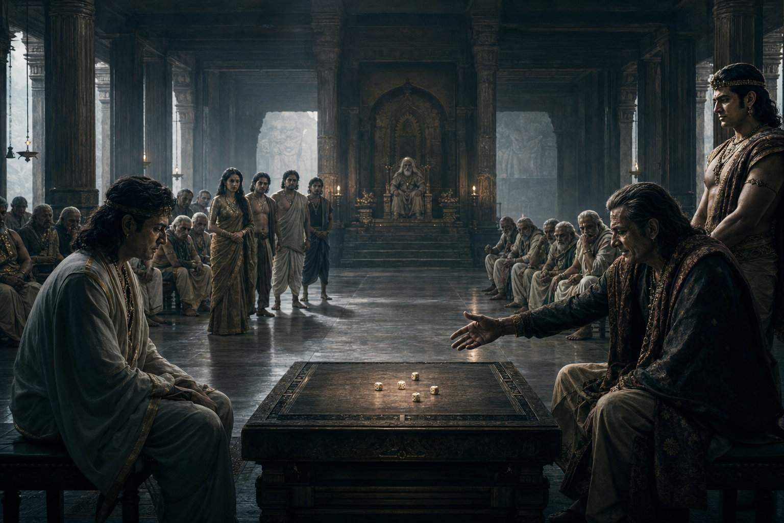 Shakuni casts dice opposite Yudhishthira during the second game as Draupadi, the Pandavas, Dhritarashtra, and silent Kuru elders remain in the darkened court.