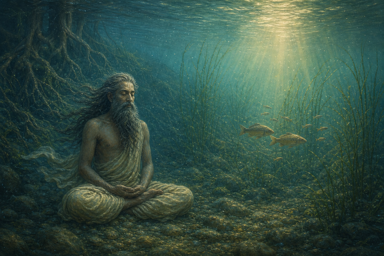 Shaubhari Muni meditates on the Yamuna riverbed while a pair of fish and their young swim among nearby reeds.