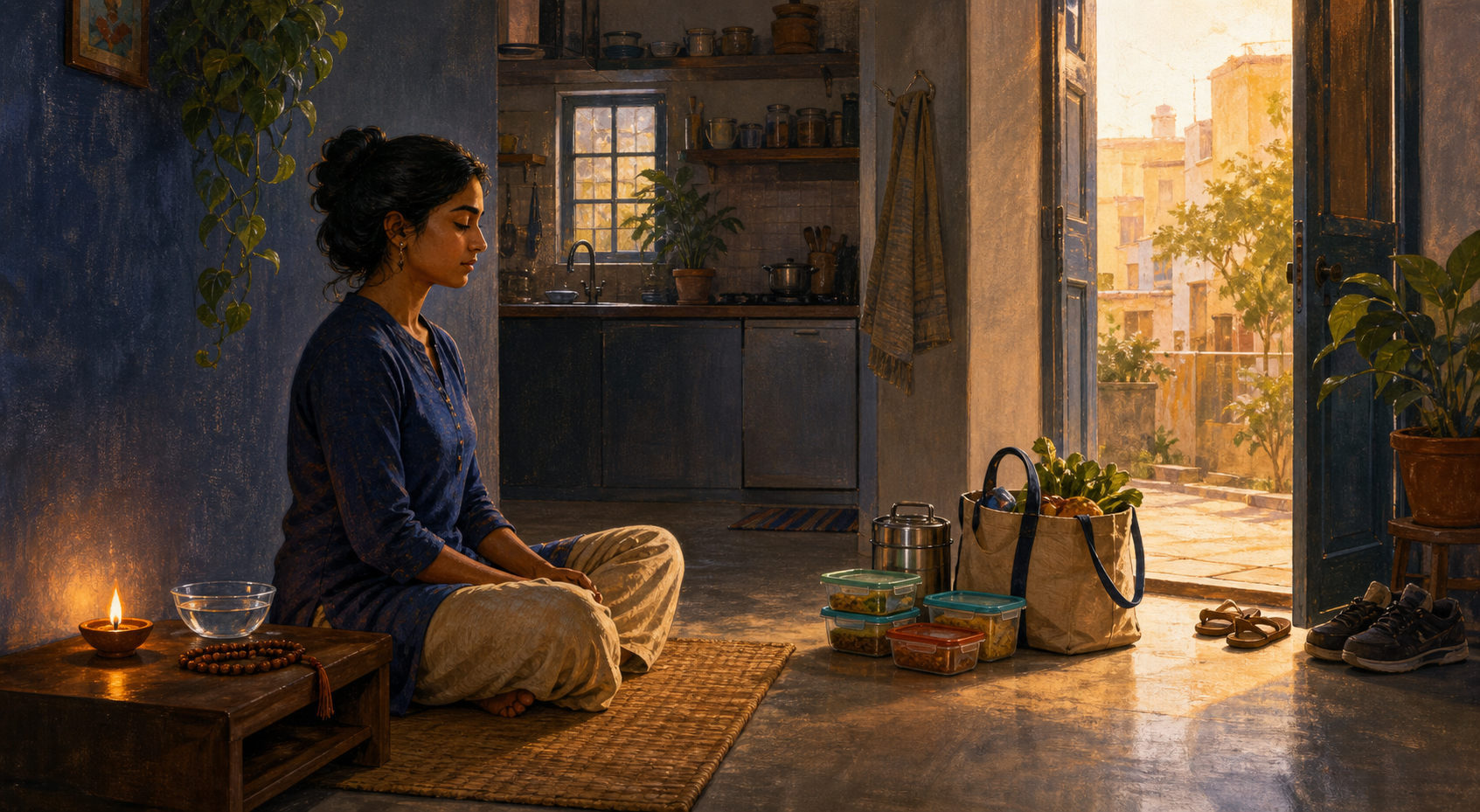 A person practices quietly beside a small lamp and prayer beads in an apartment, with food containers and a grocery bag prepared near the doorway.
