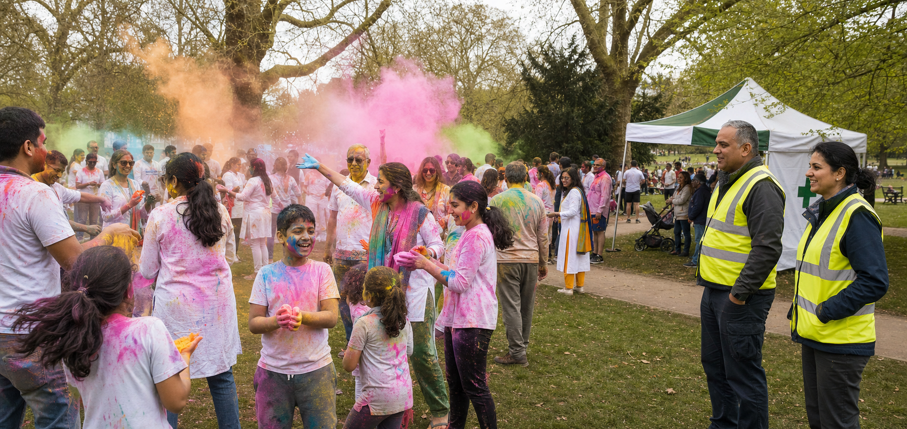 Families celebrate Holi with coloured powder in a British park while community stewards monitor the gathering near an entrance lane and first-aid canopy.