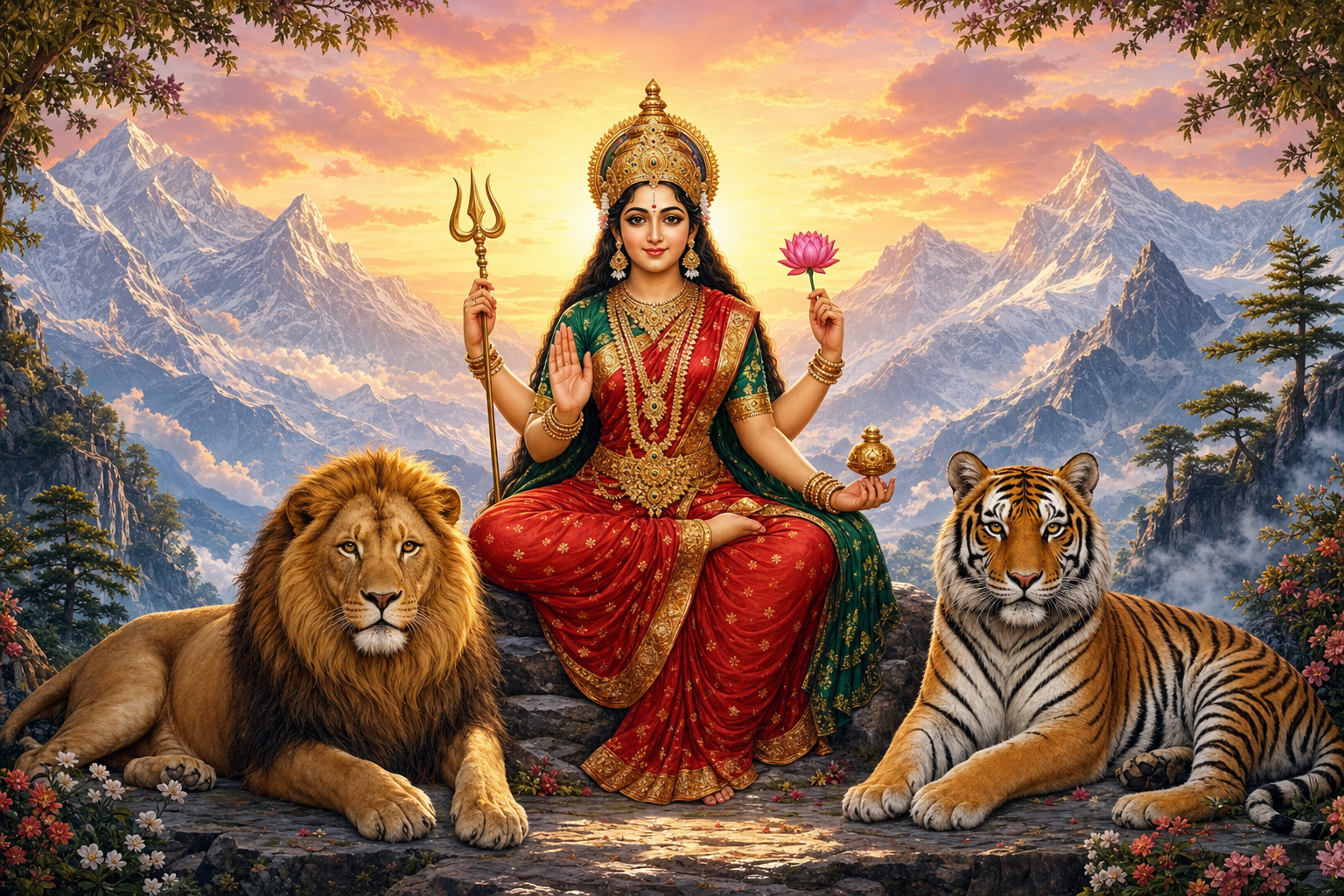 Parvati sits before Himalayan peaks with a lion resting to her left and a tiger resting to her right.