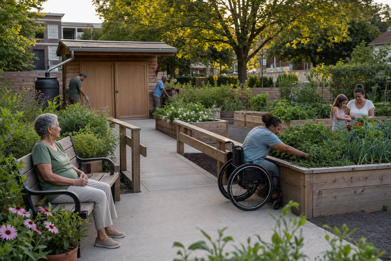 Residents use an accessible community garden with raised beds, seating and maintained shared facilities.