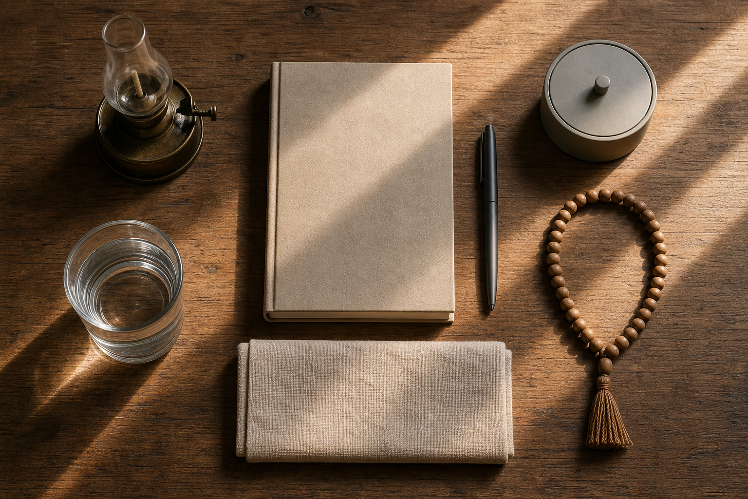 A blank notebook, pen, prayer beads, unmarked timer, folded cloth, lamp, and glass of water are arranged on a wooden table in morning light.