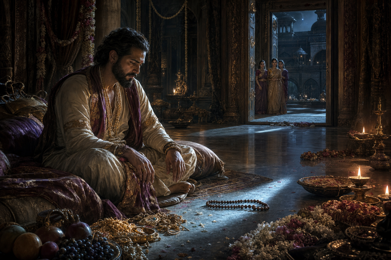 Shaubhari Muni sits soberly in a luxurious palace chamber beside ornaments and prayer beads as his wives watch from a distant doorway.