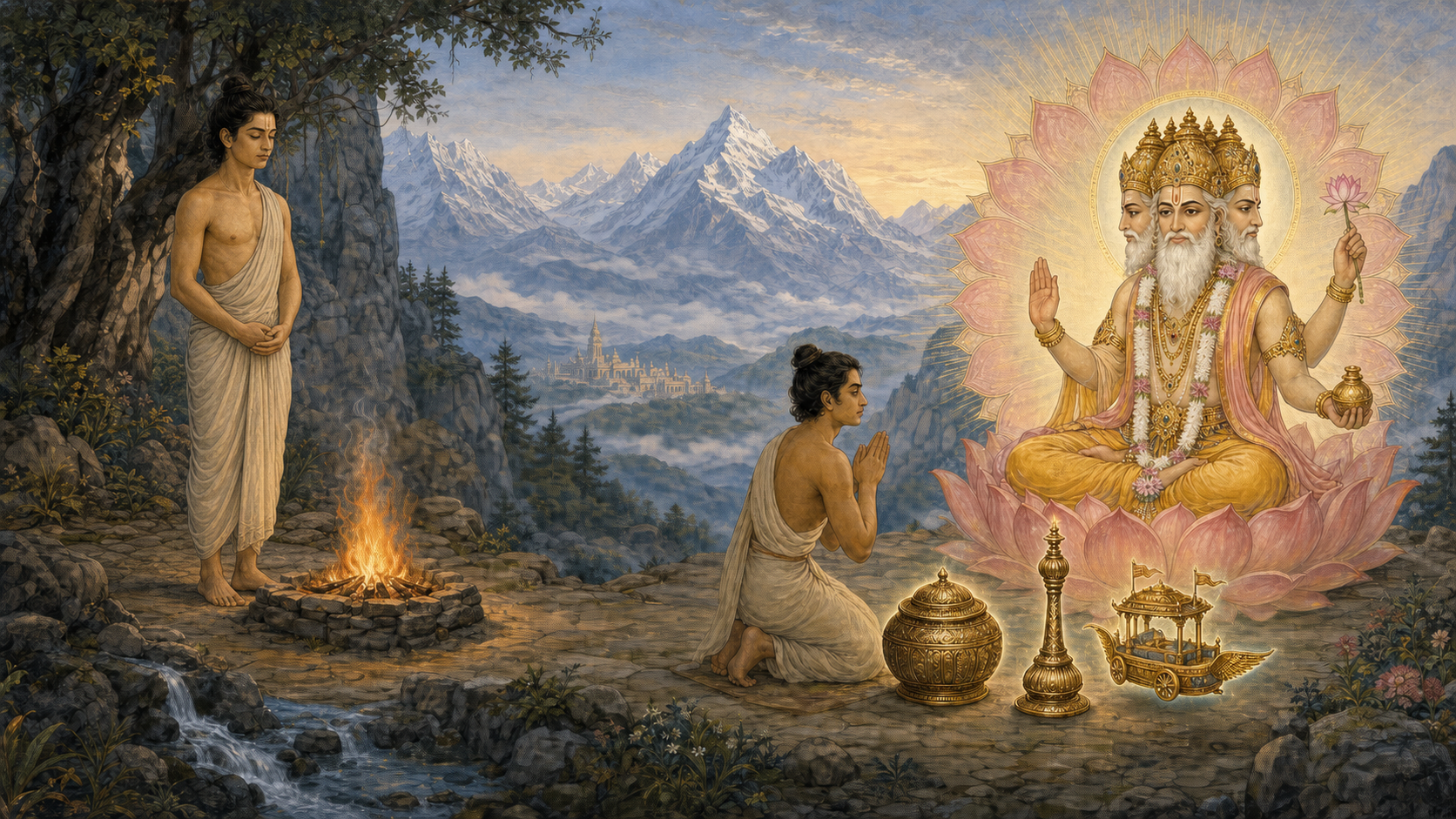 Kubera practices austerities in a Himalayan landscape before kneeling as the four-faced Brahma grants him symbols of guardianship and wealth.