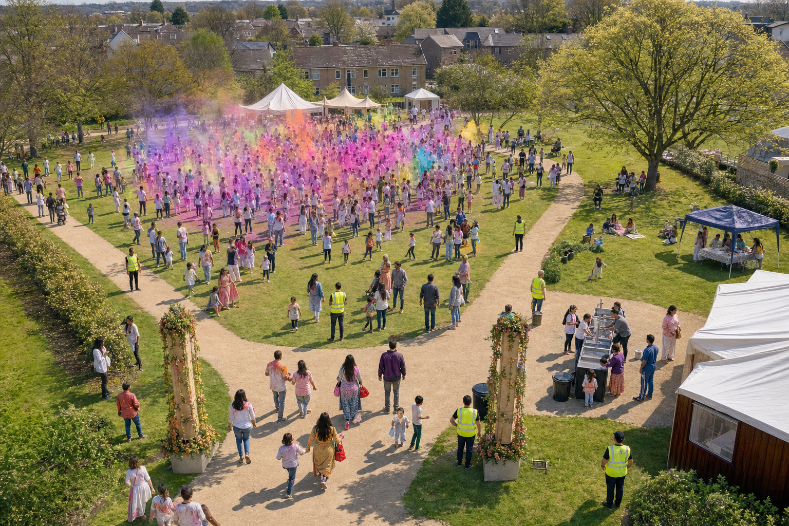 Overhead view of a Holi festival with a wide entrance, open colour-play area, clear walking routes, washing facilities, a quiet space, and a first-aid point.