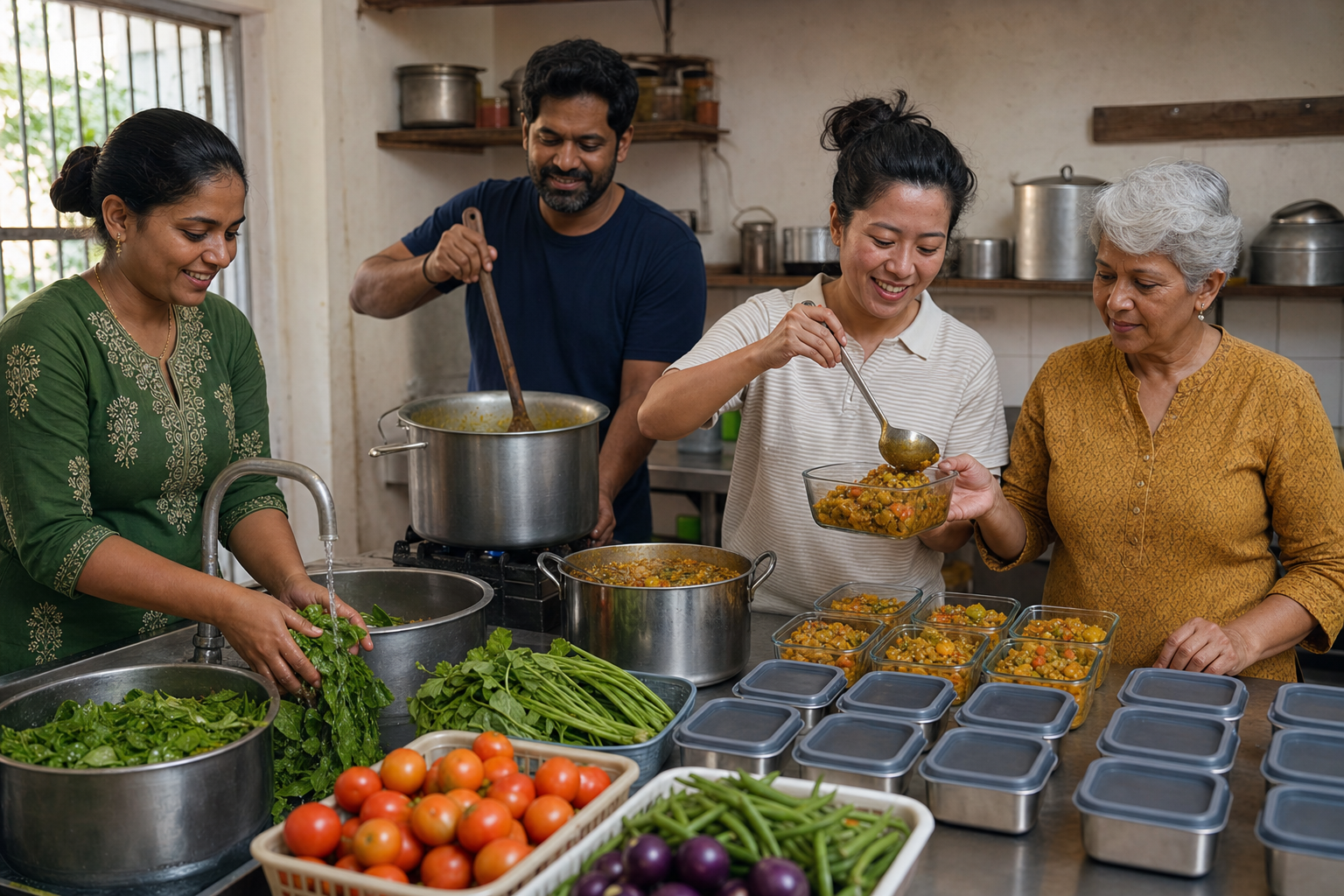 Four volunteers prepare vegetables and fill reusable meal containers together in a neighborhood community kitchen.
