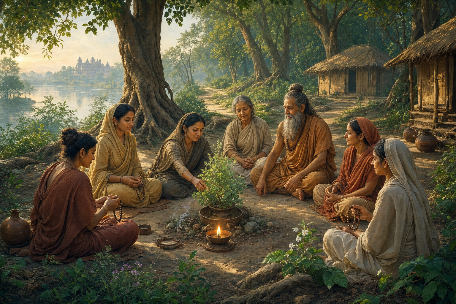 Shaubhari Muni and his wives practice devotion with prayer beads around a tulasi plant at a simple forest hermitage beside the Yamuna.