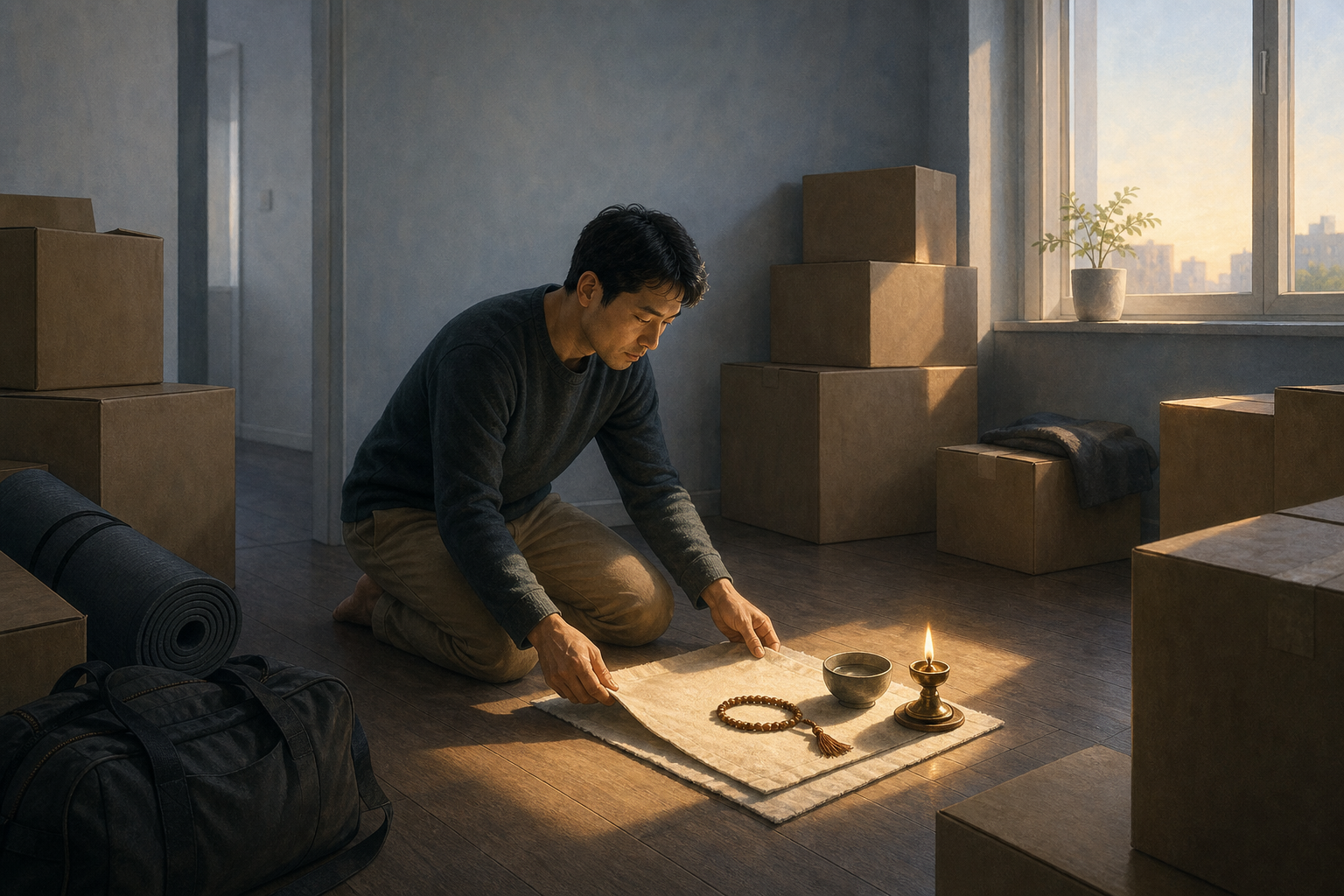 A person in a nearly empty new apartment arranges prayer beads, a small lamp, a cloth, and a water bowl beside unlabeled moving boxes.