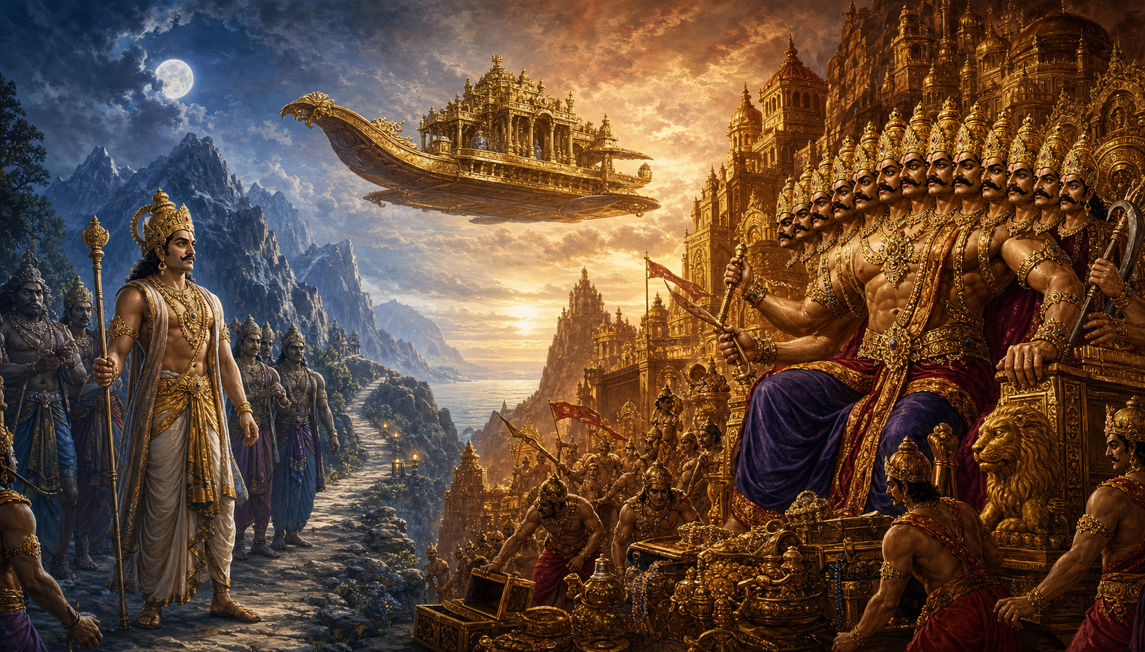 Ravana occupies the golden palace of Lanka beside the captured Pushpaka chariot while Kubera departs toward the northern mountains with yaksha companions.
