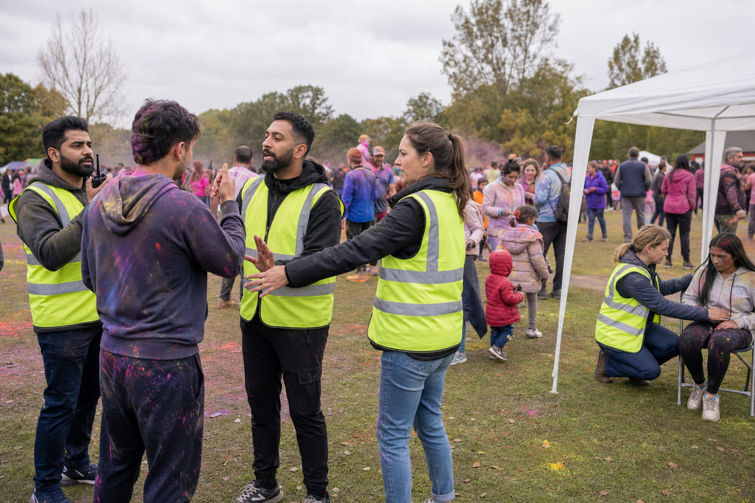 Festival stewards calmly create space around an agitated attendee, guide families away, use a radio, and check on a seated person near first aid.