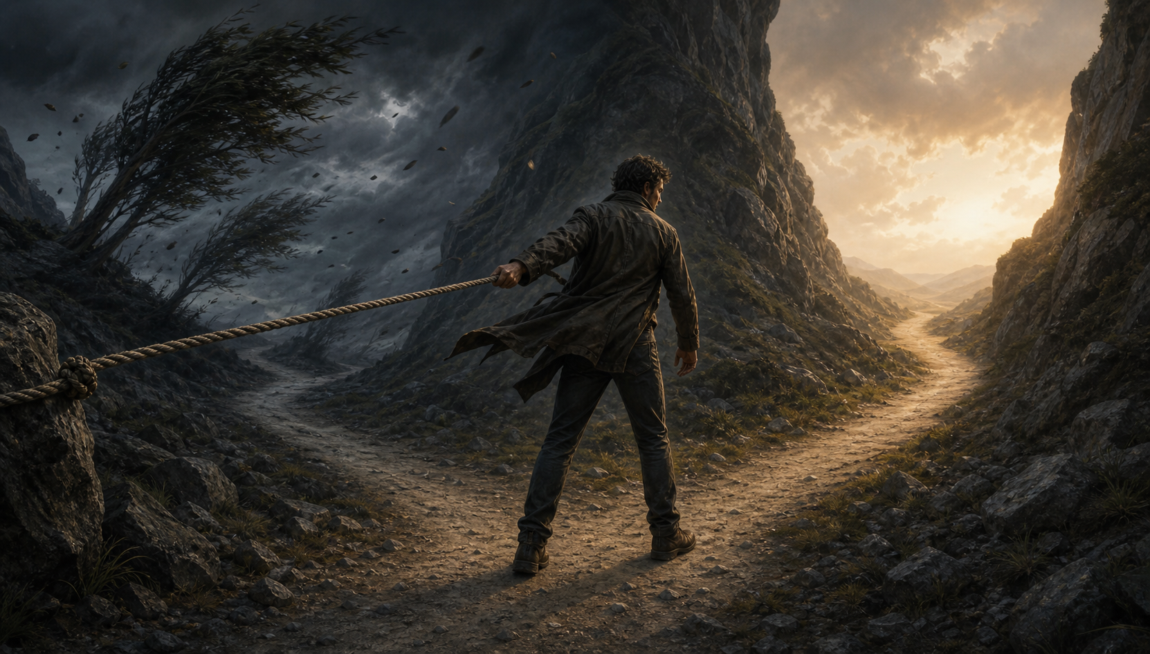 A person stands at a forked mountain path as strong wind pulls them toward one route while a warmer, brighter path remains open.