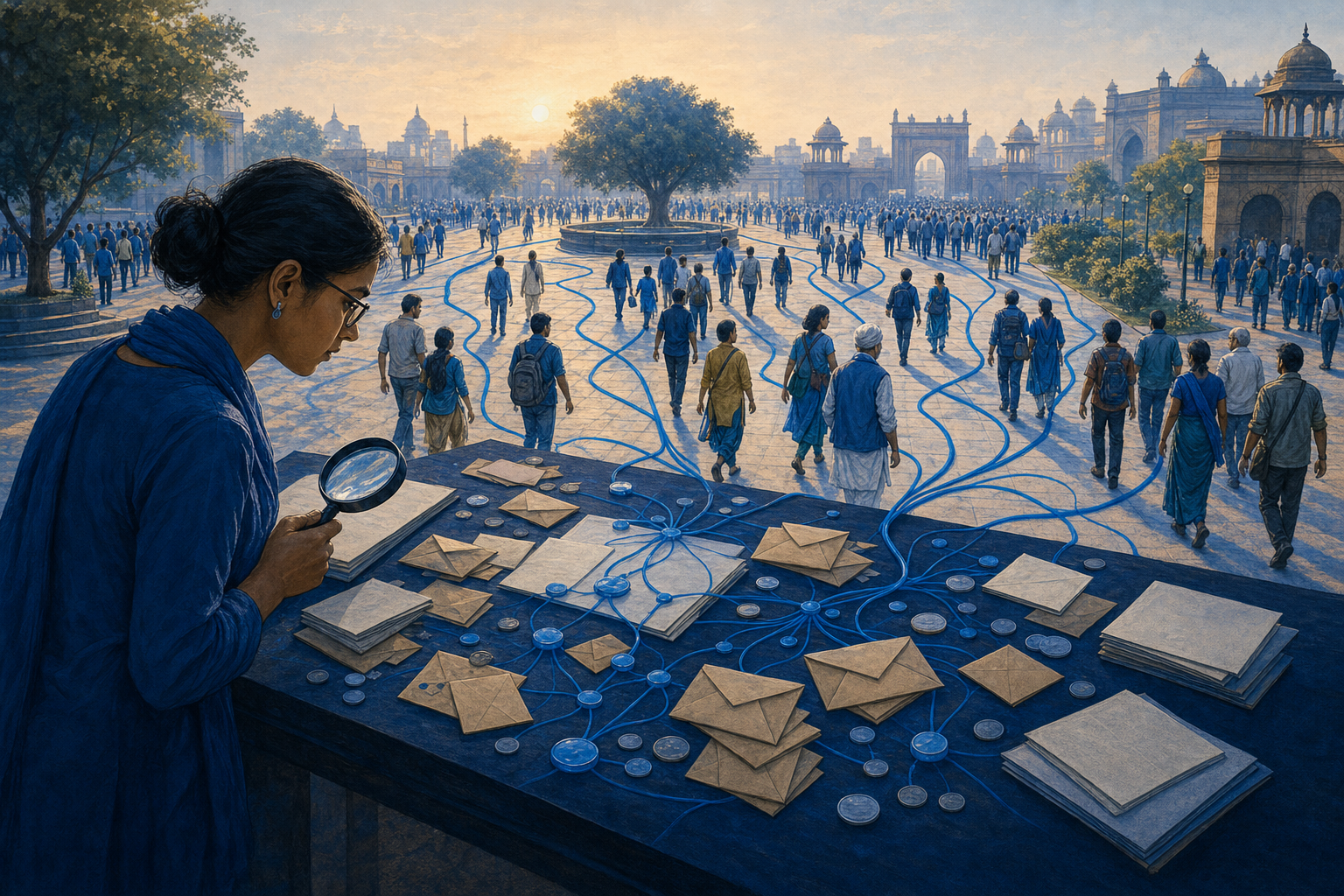 An investigator examines documents, coins and branching blue threads while a diverse crowd gathers through several separate routes in an Indian public square.