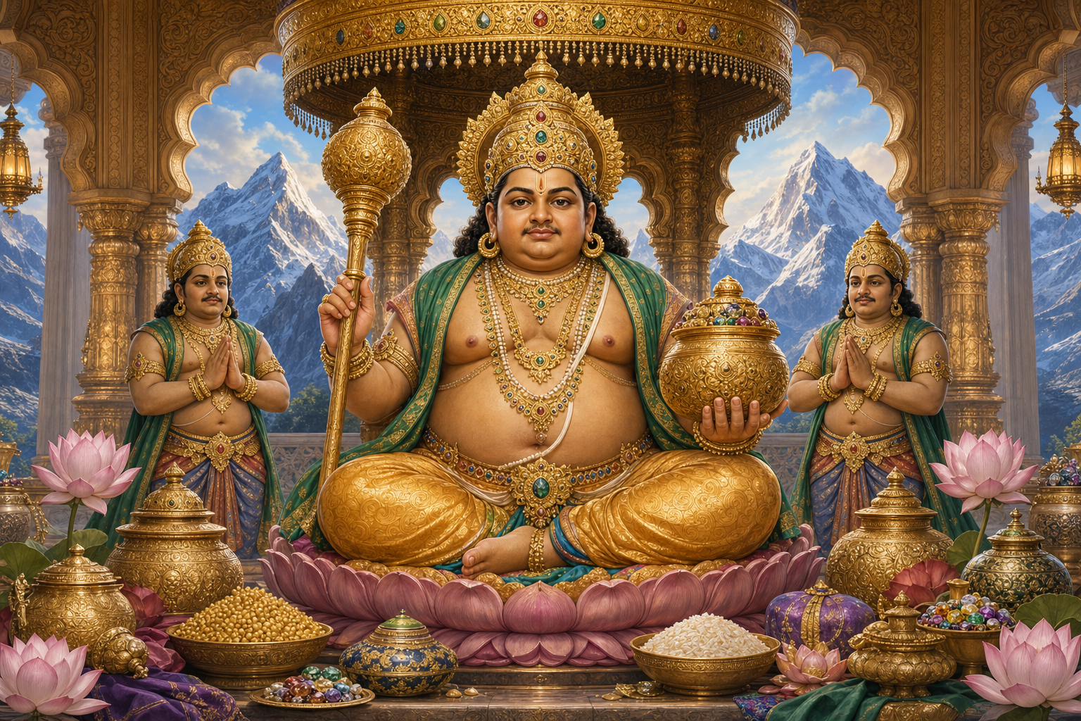 A dignified, full-bodied Kubera sits on a lotus throne holding a mace and a covered wealth vessel, with yaksha attendants, grain, gems, and northern mountains around him.