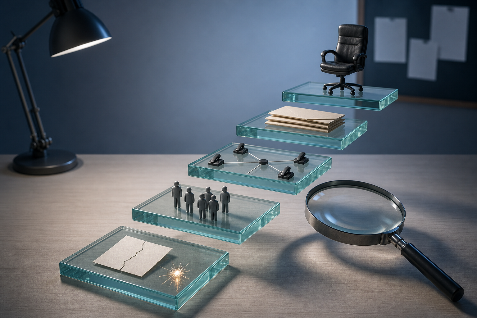 Five transparent steps hold different pieces of evidence, ending with an empty chair, as a magnifying glass examines the gaps between them.