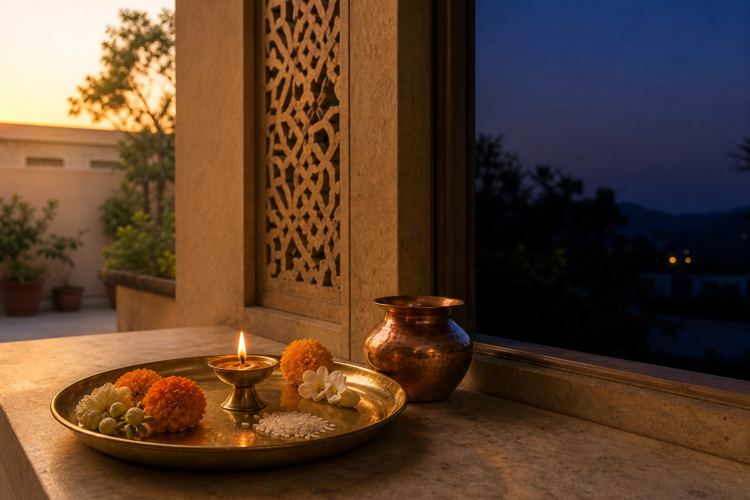 A brass puja tray with an oil lamp, flowers, rice, and a copper vessel beside a window as golden daylight fades into blue evening.