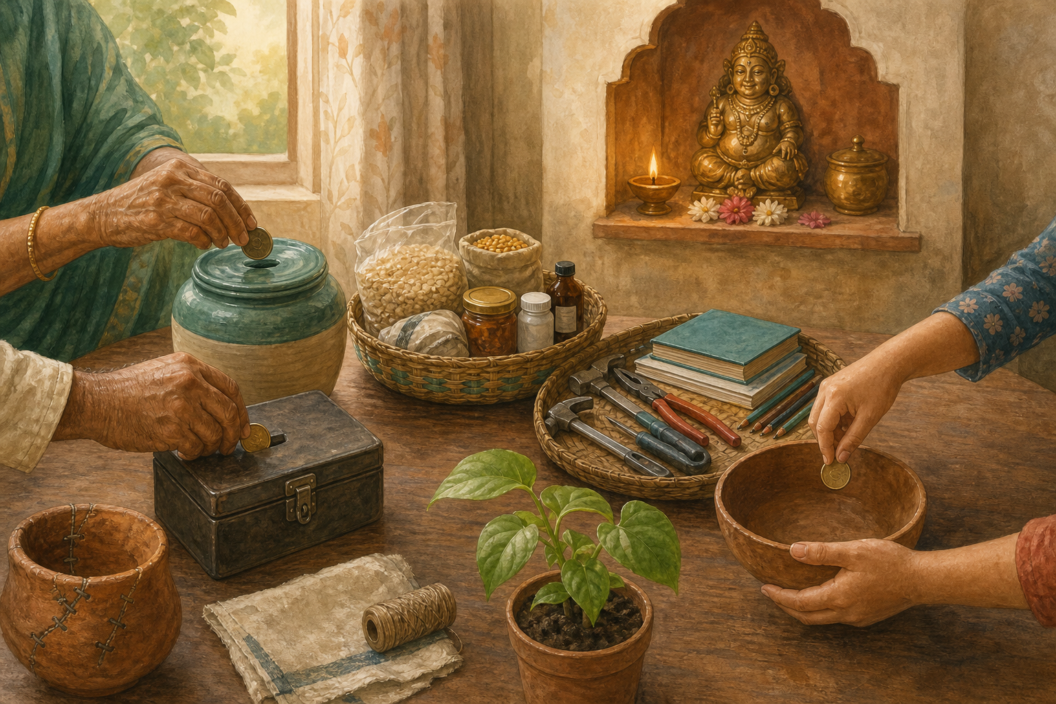 A multigenerational household sorts unmarked coins and supplies into savings, household needs, tools and education, and a bowl for giving beside a small Kubera shrine.