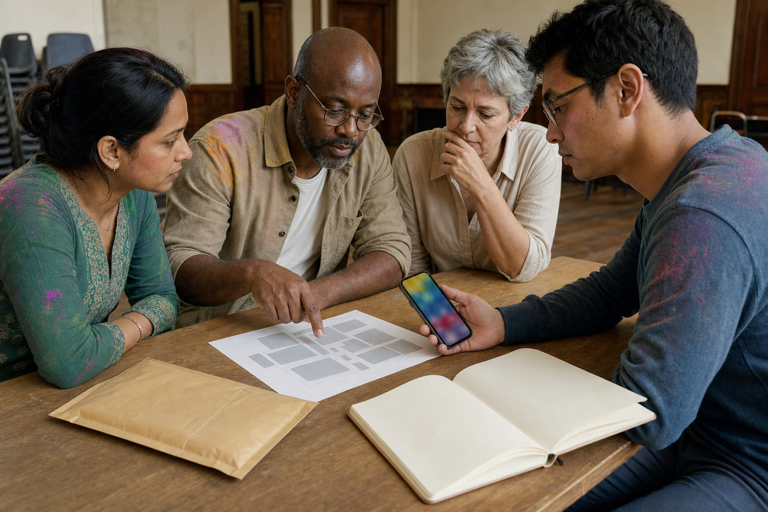Community organisers review a phone, a blank site map, an evidence envelope, and an incident notebook after a festival.