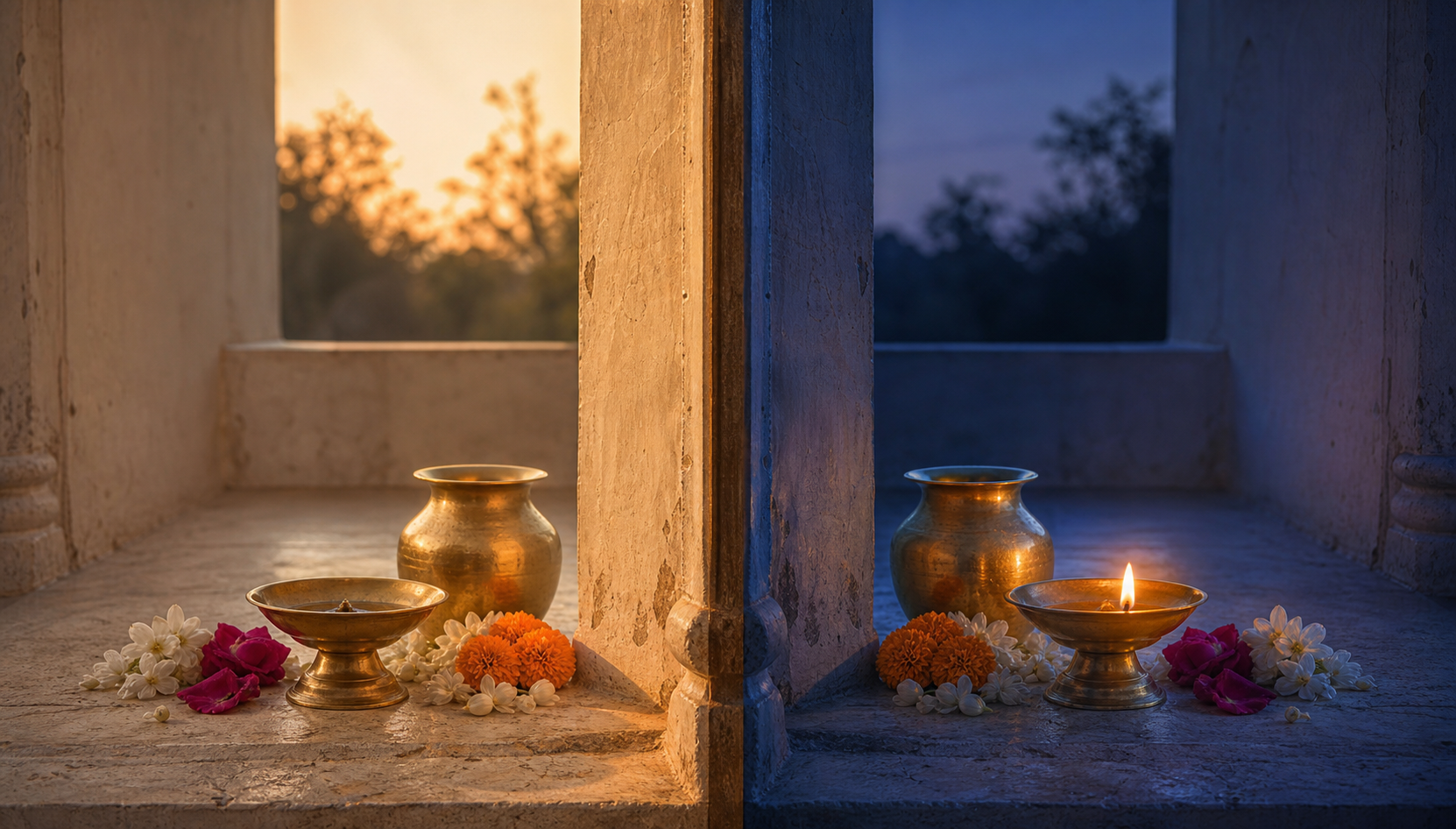A side-by-side view of the same puja setting in late daylight and after dusk, with the oil lamp glowing in the evening half.