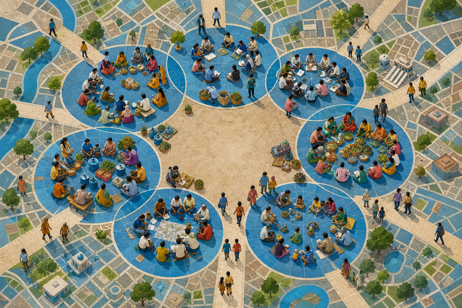 An overhead view shows diverse groups forming overlapping circles in a plaza, with many outward paths and no single central leader.
