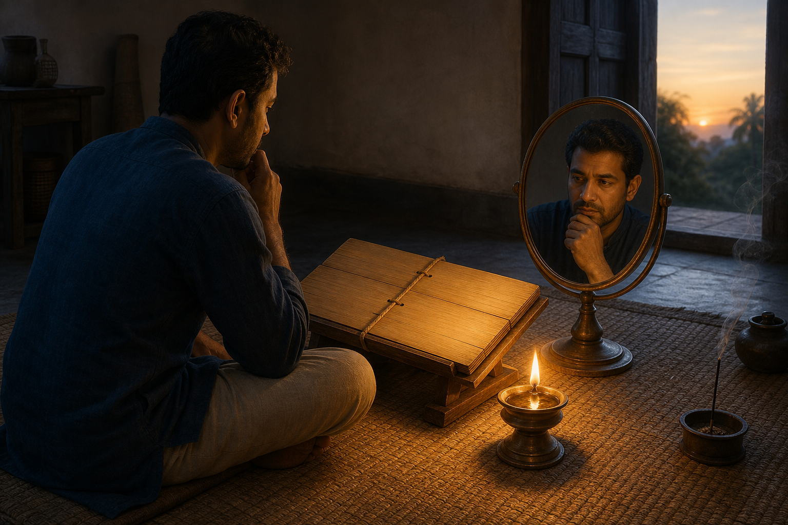 A seated reader studies an open manuscript beside a bronze mirror and a small oil lamp in a quiet room at dawn.