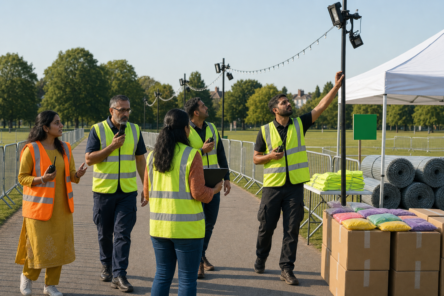 Organisers and stewards inspect radios, lighting, barriers, an access lane, and first-aid facilities at an empty festival site.