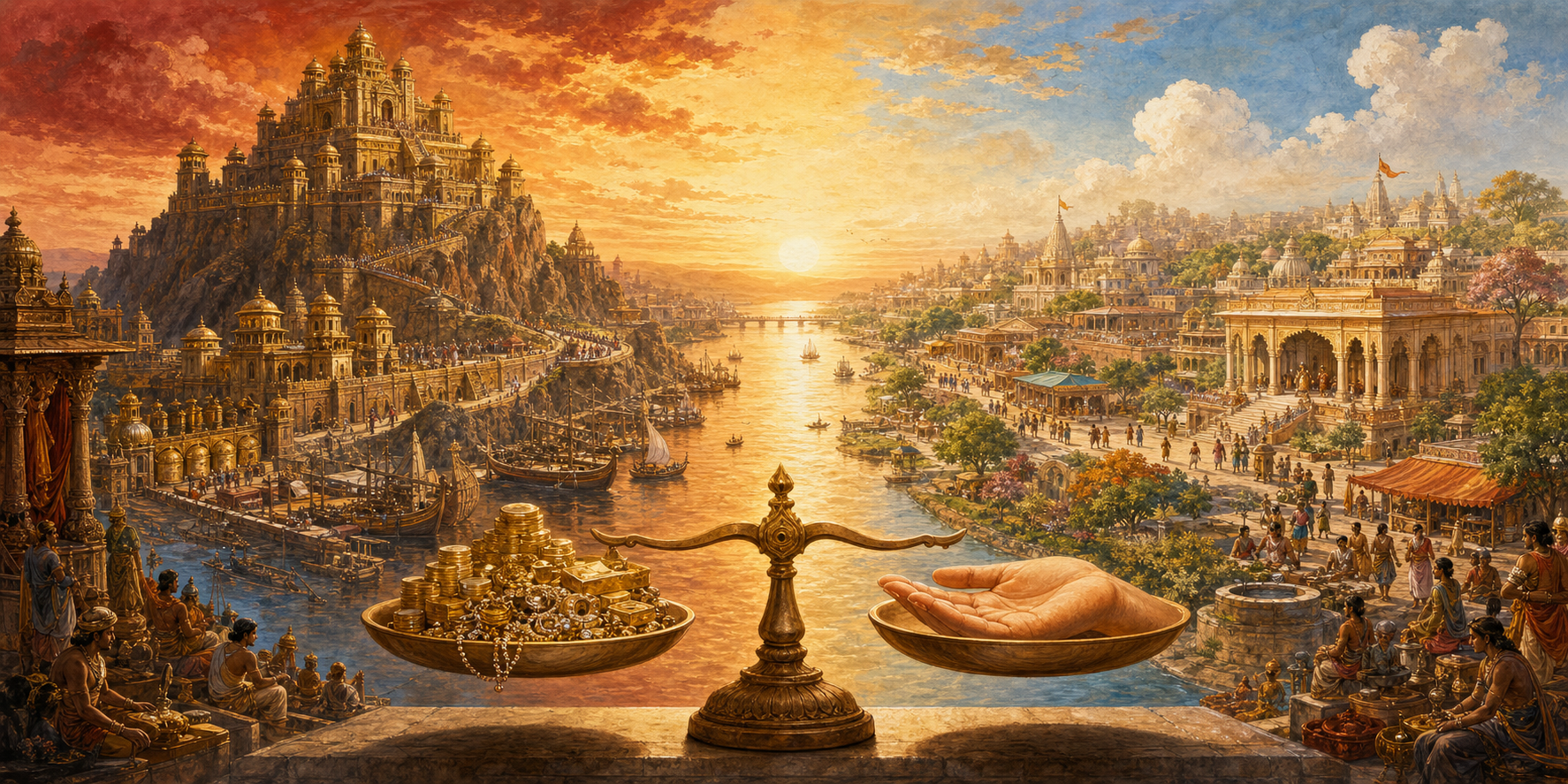 A balanced scale stands before two wealthy ancient cities, with fortified golden Lanka on one side and Ayodhya's open markets, granaries, wells, and royal court on the other.