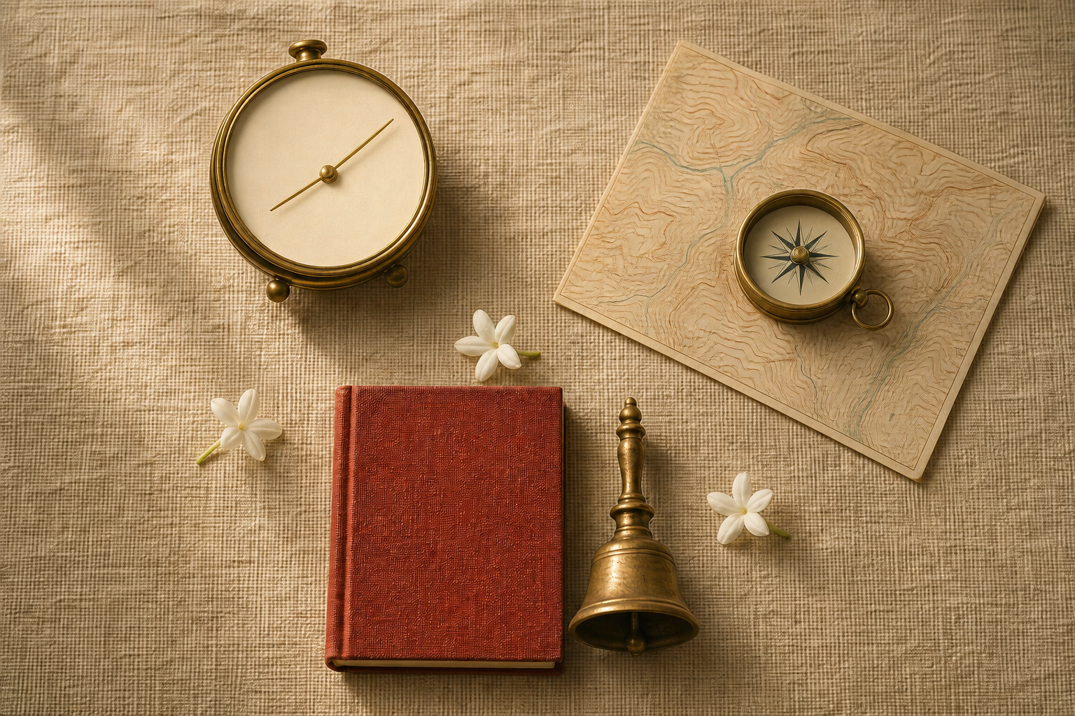 An unnumbered analog clock, a brass compass on an unlabeled map, and a closed ritual notebook with a small bell arranged on woven cloth.