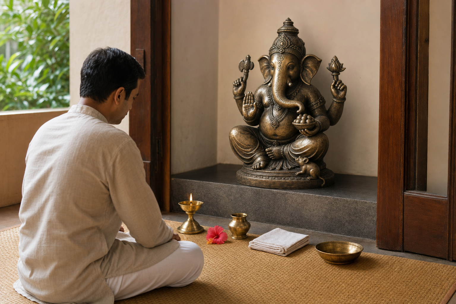 A devotee sits before a small home shrine containing a bronze Ganesha murti, an oil lamp, water vessel, flower, cloth, and offering bowl.