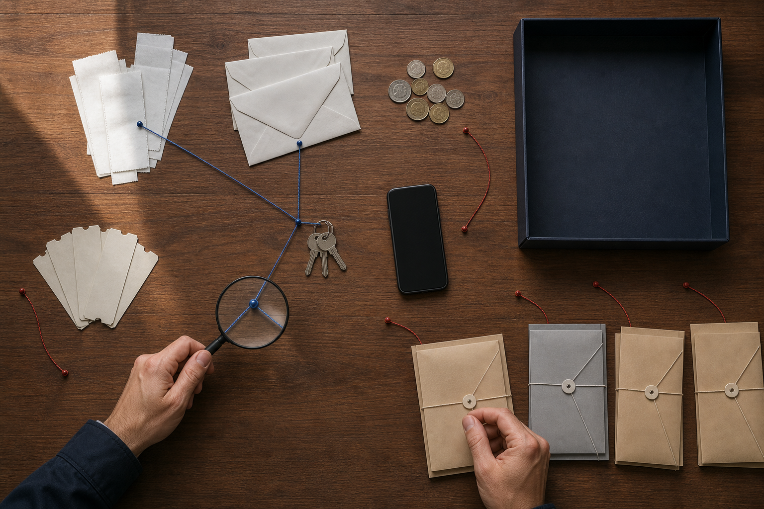 Hands sort blank receipts, envelopes, coins, keys and folders while blue threads mark supported links and loose threads end at missing evidence.