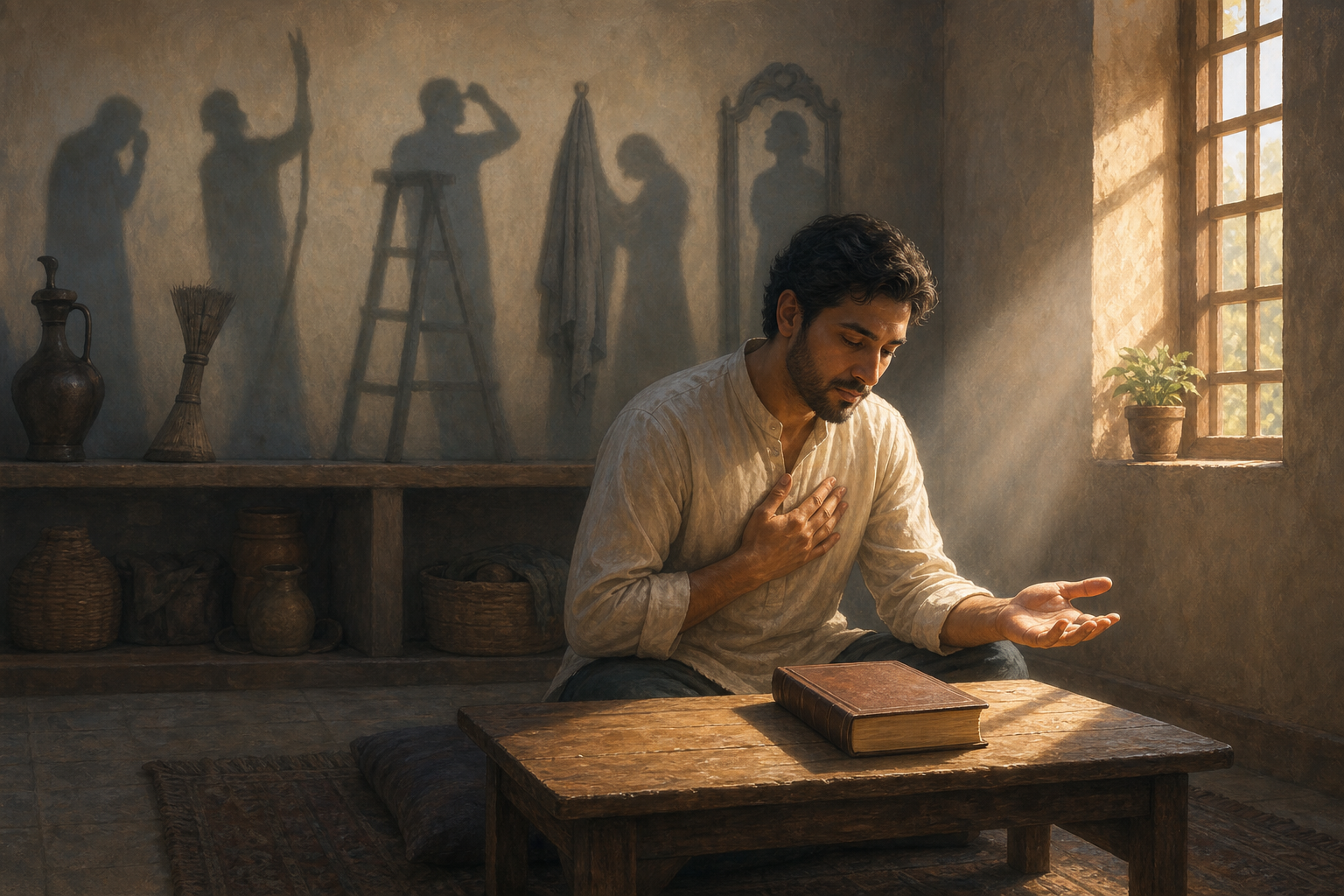 A reader pauses before a closed sacred book as several faint shadows fall behind them and window light illuminates their open hands.