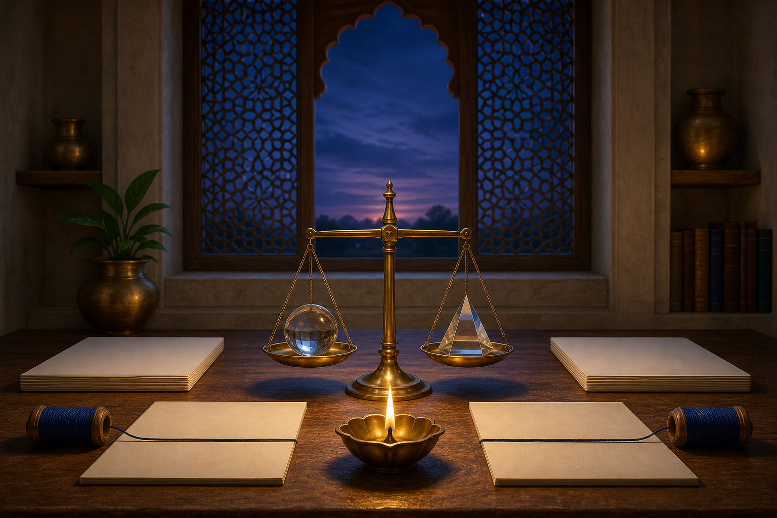 A brass oil lamp illuminates balanced scales holding a clear sphere and a faceted prism in a quiet study at dawn.