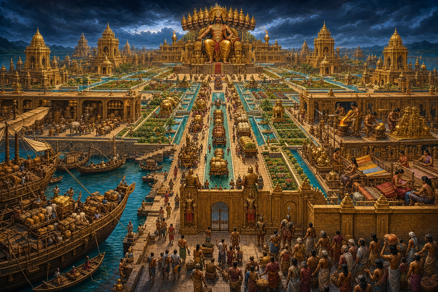 Golden Lanka has busy docks, roads, waterworks, workshops, records, and guarded warehouses, all arranged to converge on Ravana's elevated palace while petitioners wait outside its gates.