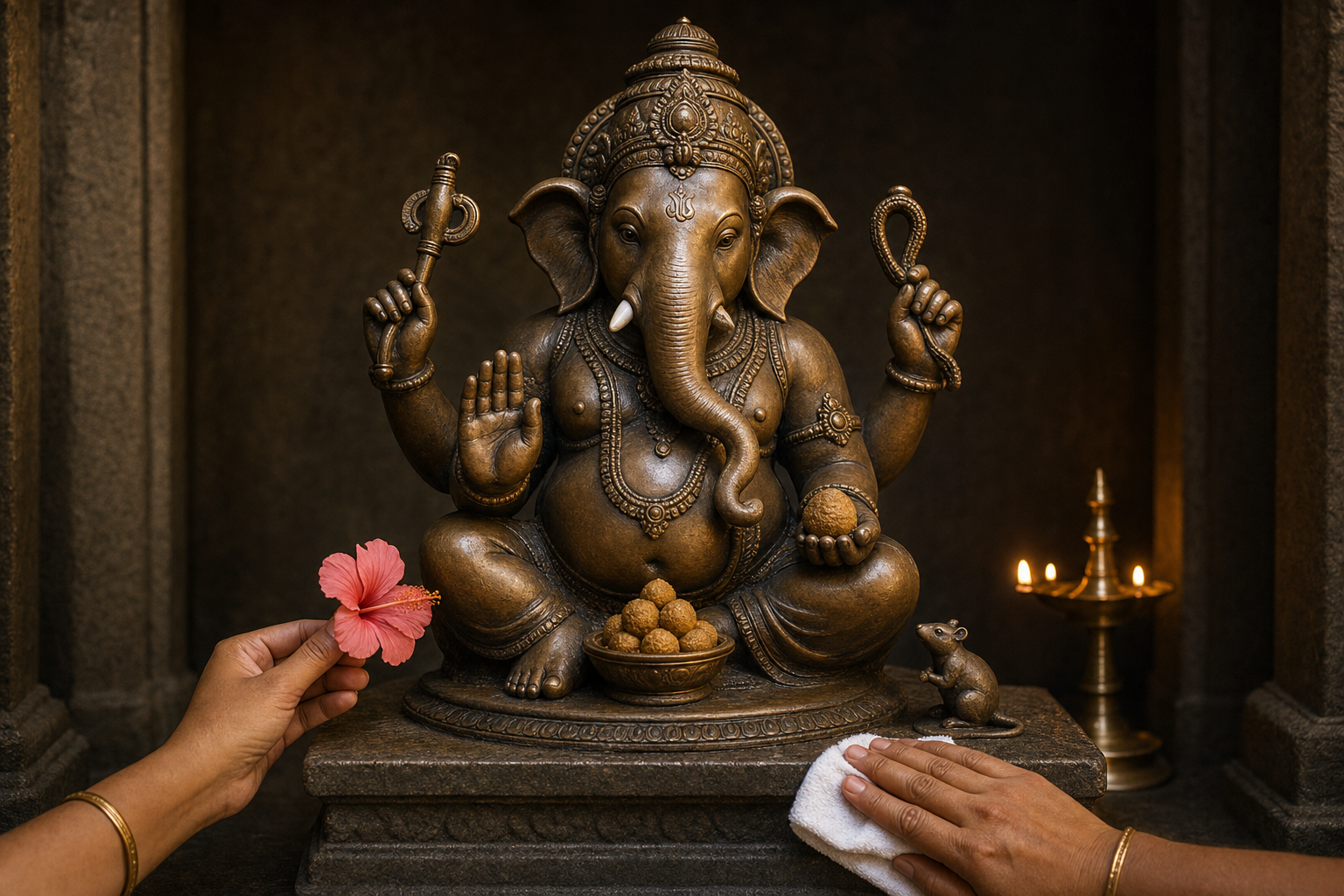 A four-armed bronze Ganesha murti with traditional attributes and a mouse figure is tended with a flower and a clean cloth.
