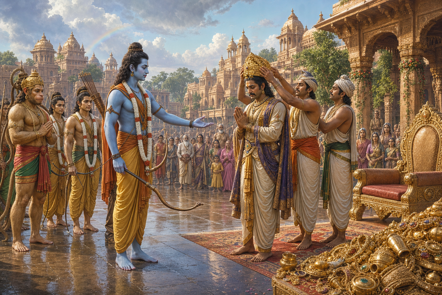 Rama stands with his bow lowered and directs Lanka's crown toward Vibhishana while allied warriors lower their weapons and residents watch beside untouched royal treasure.